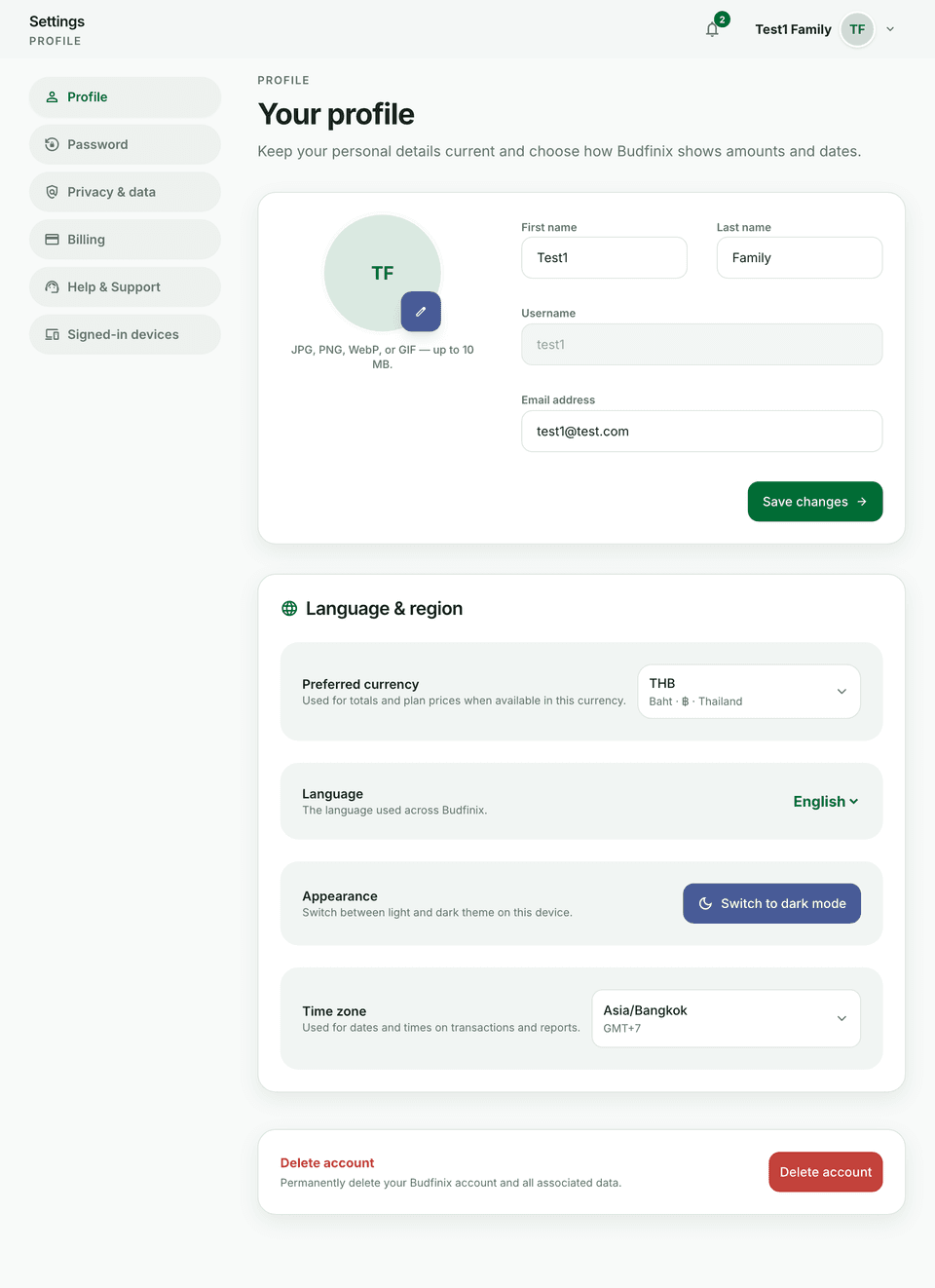 Profile preferences for language and currency